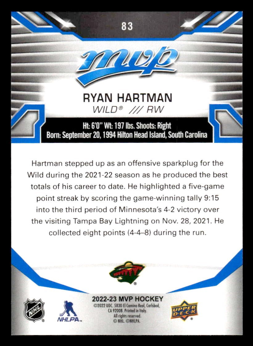 2022-23 Upper Deck MVP #83 Ryan Hartman Blue Script