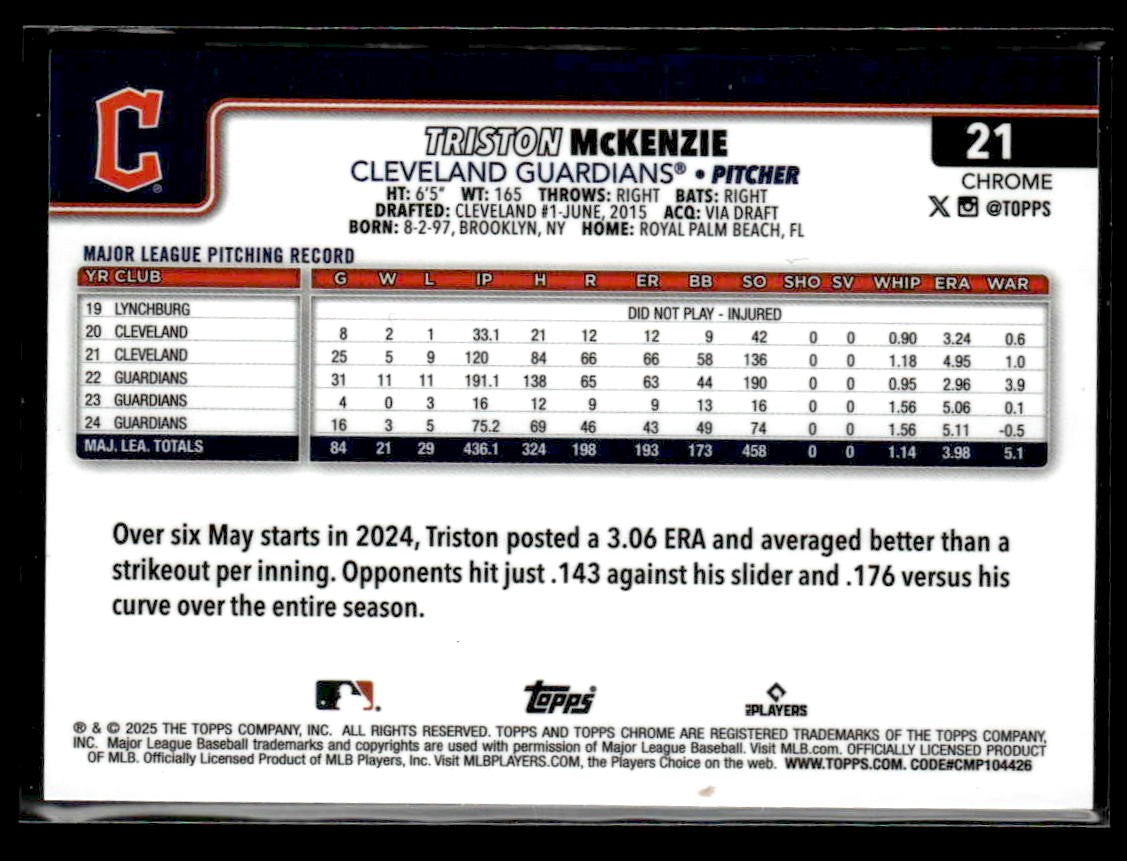 2025 Topps Chrome Logofractor Edition #21 Triston McKenzie Blue Refractors #/150