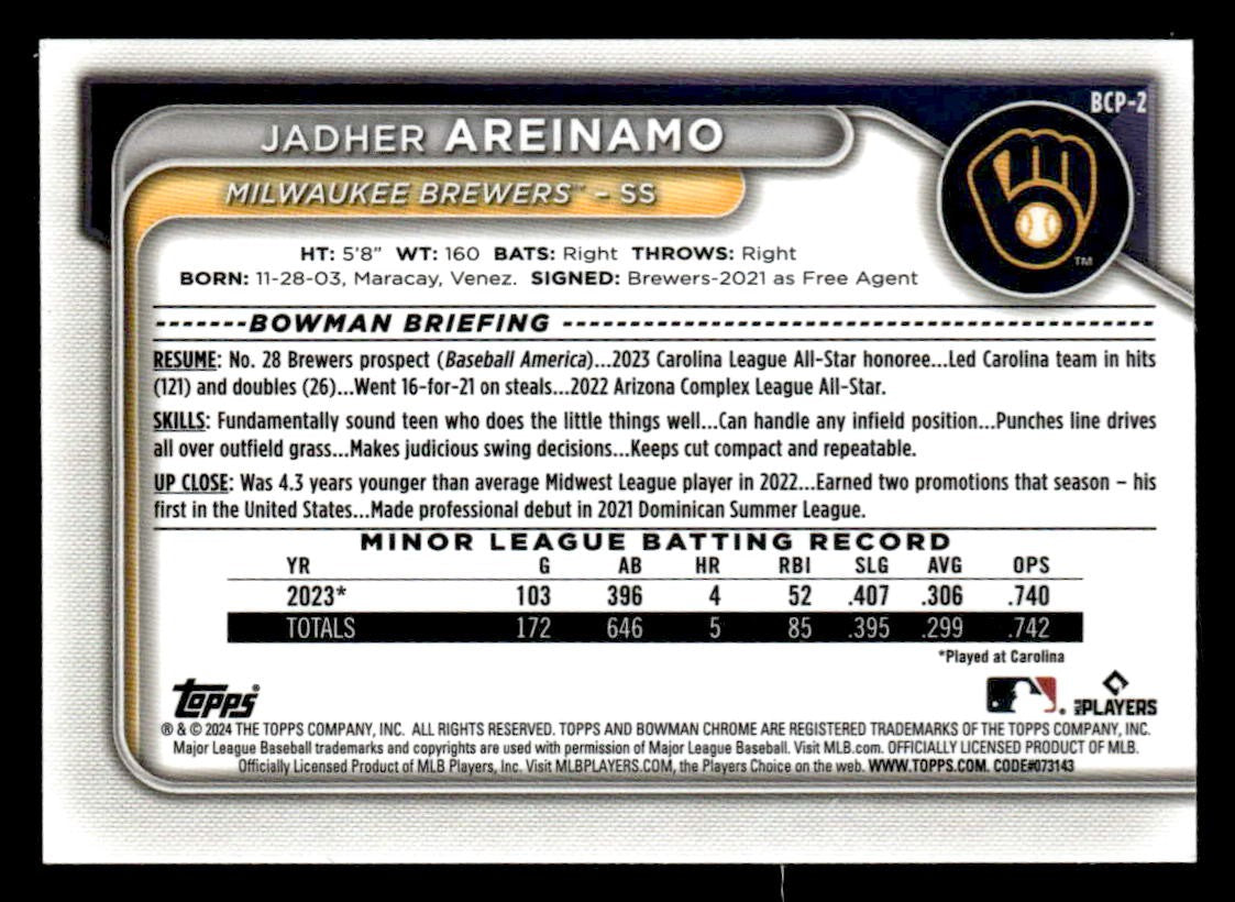 2024 Bowman #BCP-2 Jadher Areinamo Chrome Prospects