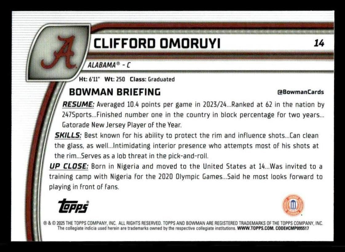 2024-25 Bowman University Chrome #14 Clifford Omoruyi