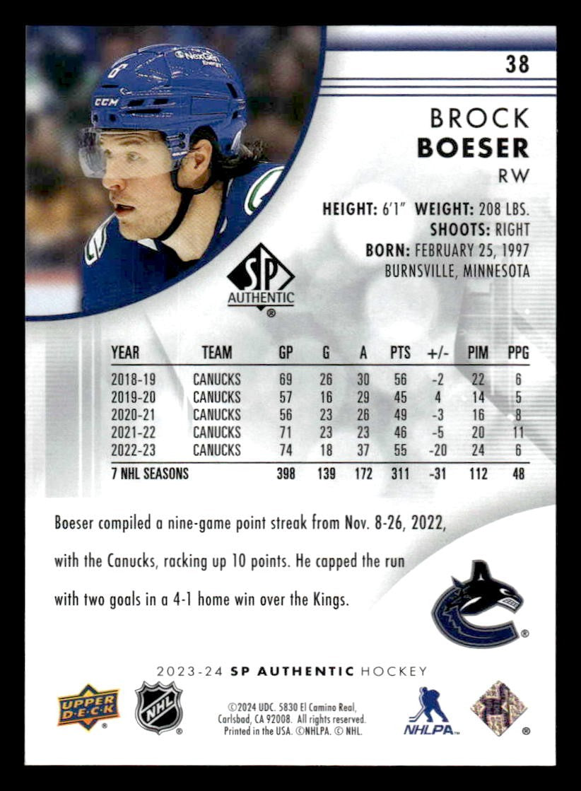 2023-24 SP Authentic #38 Brock Boeser