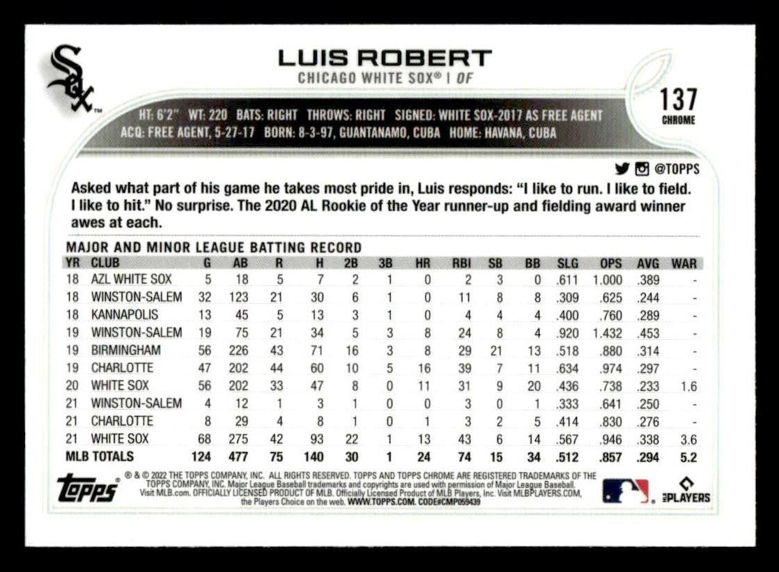 2022 Topps Chrome Sonic #137 Luis Robert