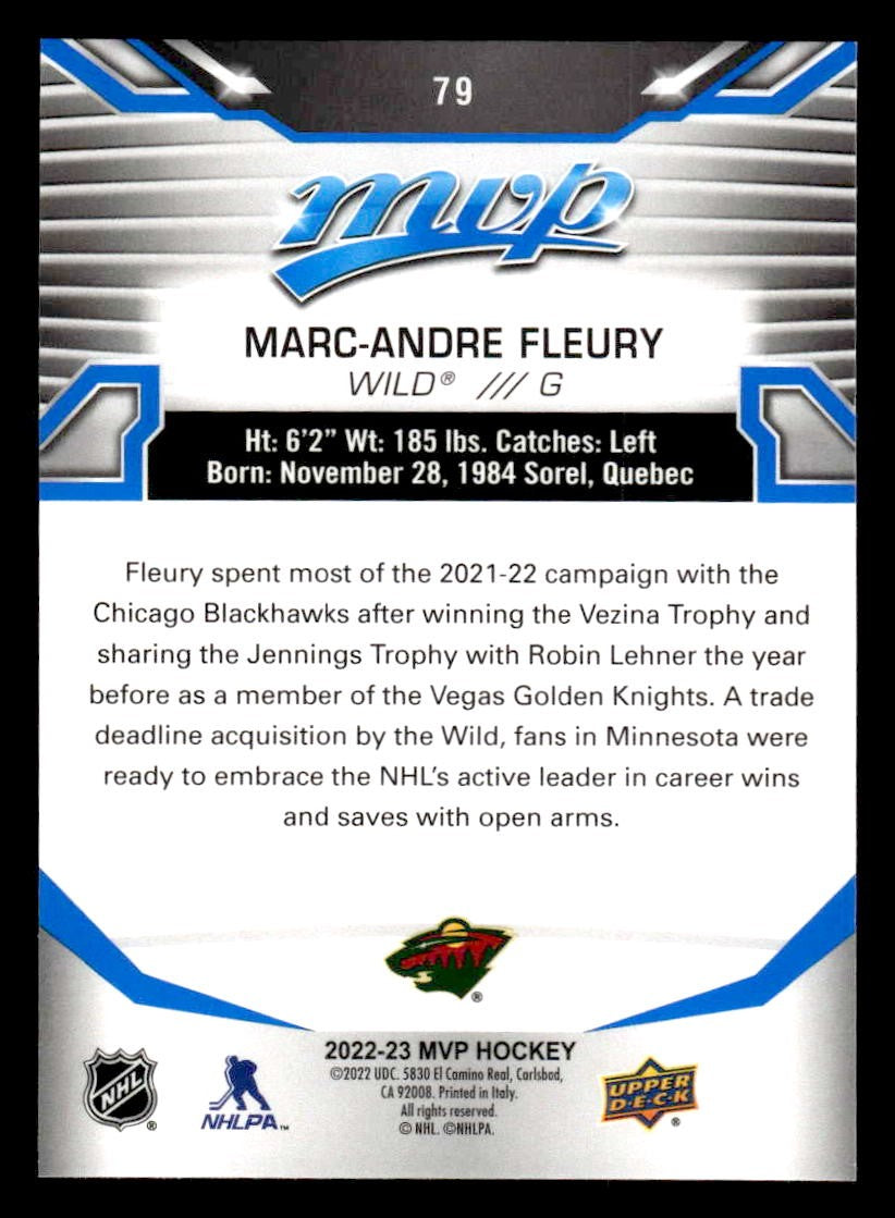 2022-23 Upper Deck MVP #79 Marc-Andre Fleury Blue Script