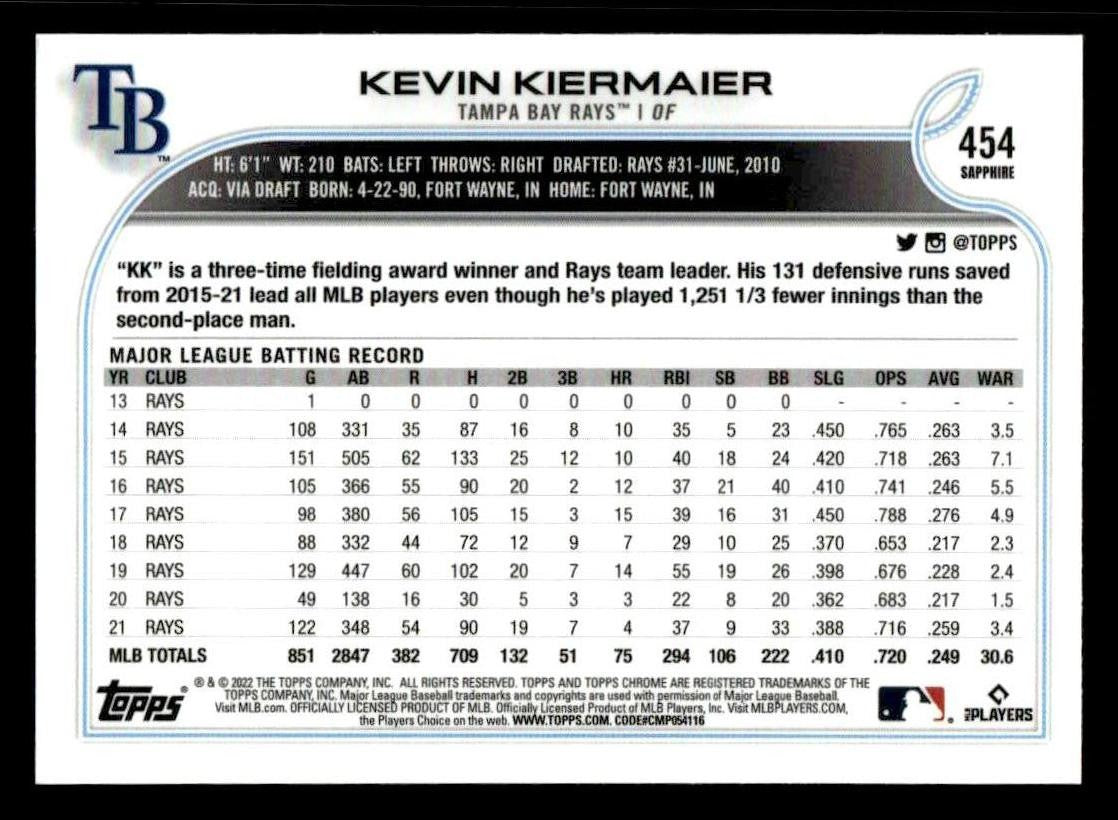 2022 Topps Chrome Sapphire Edition #454 Kevin Kiermaier
