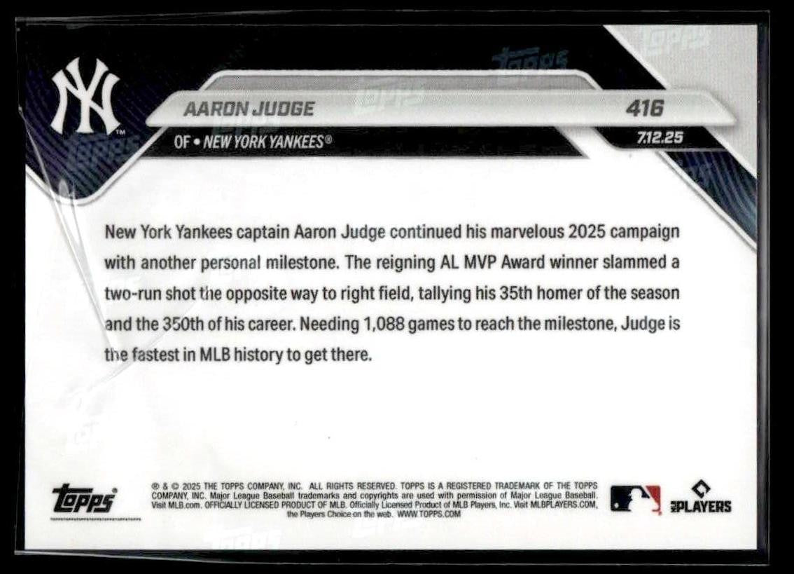 2025 Topps Now #416 Aaron Judge Fastest to 350-HR Milestone