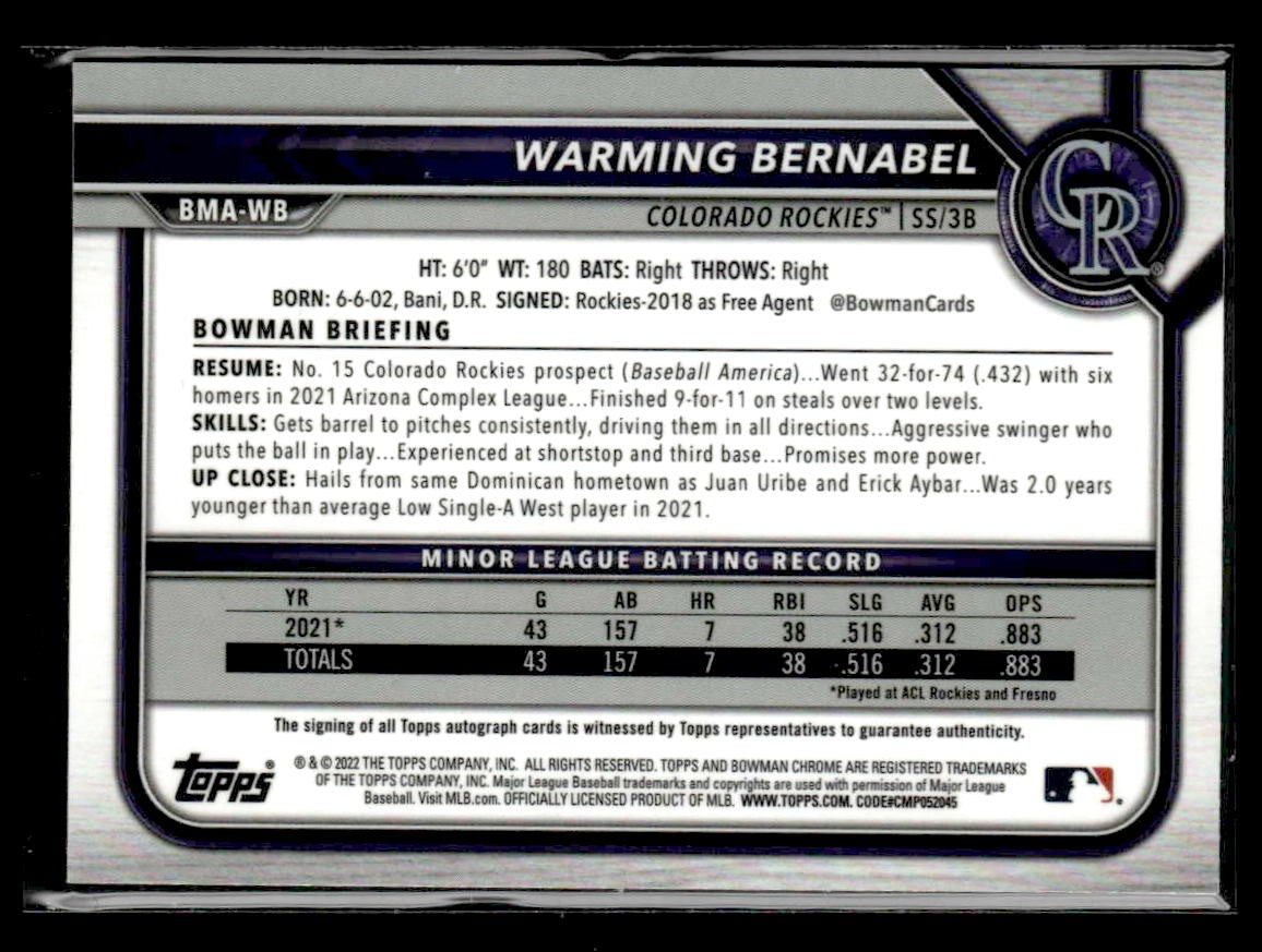 2022 Bowman #BMA-WB Warming Bernabel Chrome Prospects Autographs Mojo Refractors