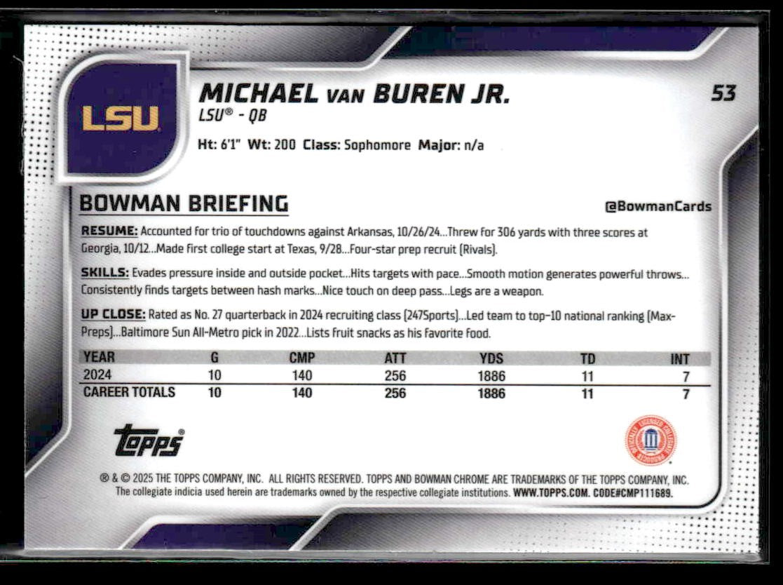 2025 Bowman University Chrome #53 Michael Van Buren Jr.
