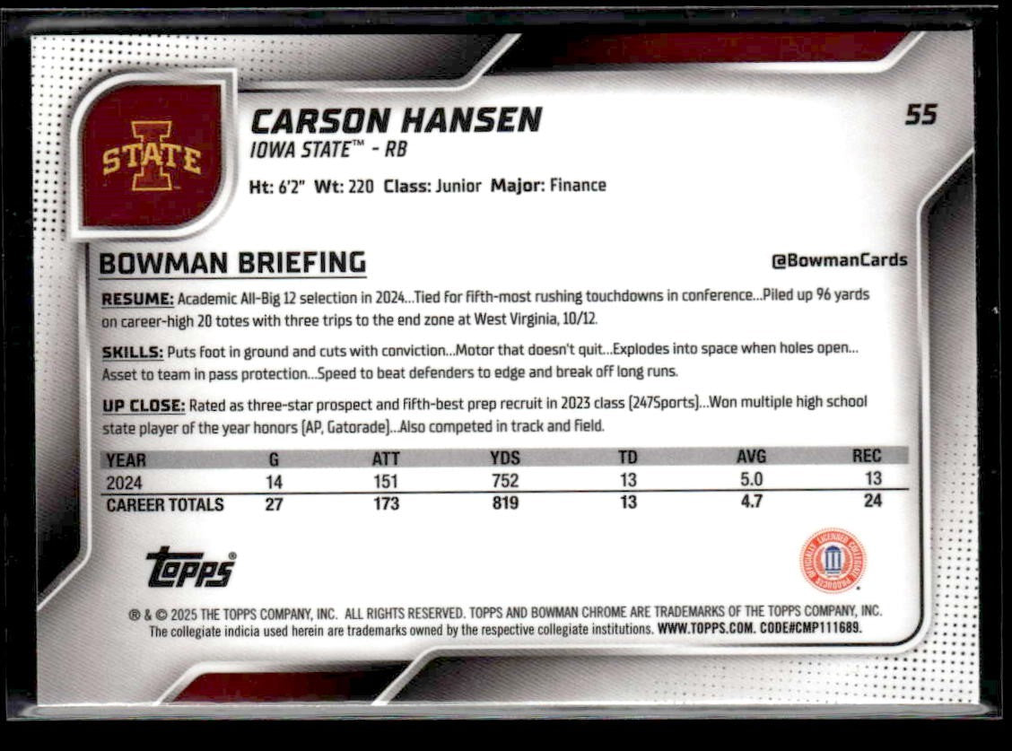 2025 Bowman University Chrome #55 Carson Hansen