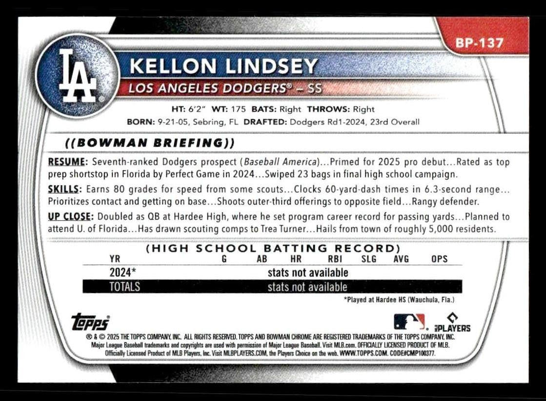 2025 Bowman #BP-137 Kellon Lindsey Prospects
