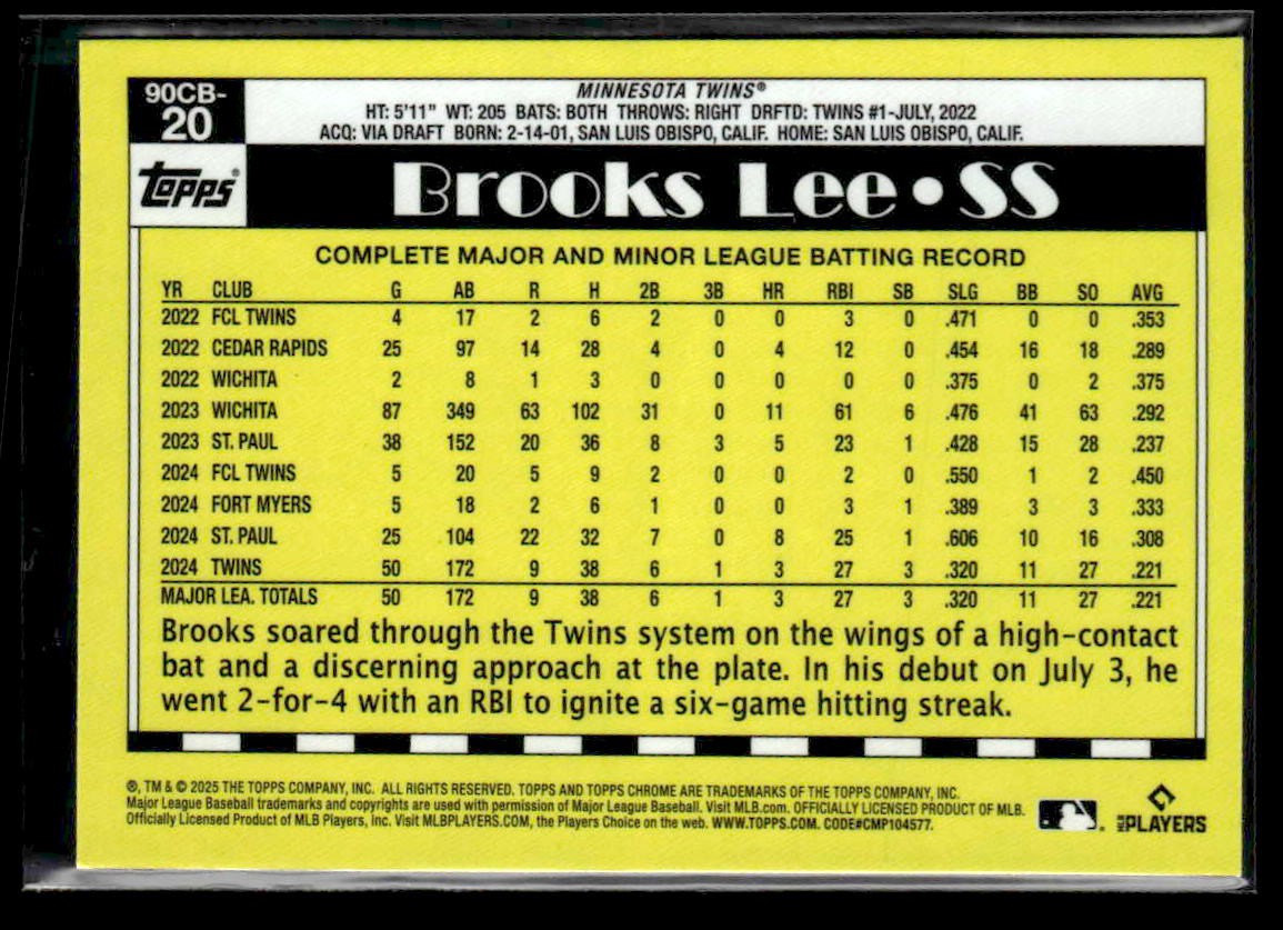 2025 Topps Chrome #90CB-20 Brooks Lee 1990 Topps Baseball 35th Anniversary