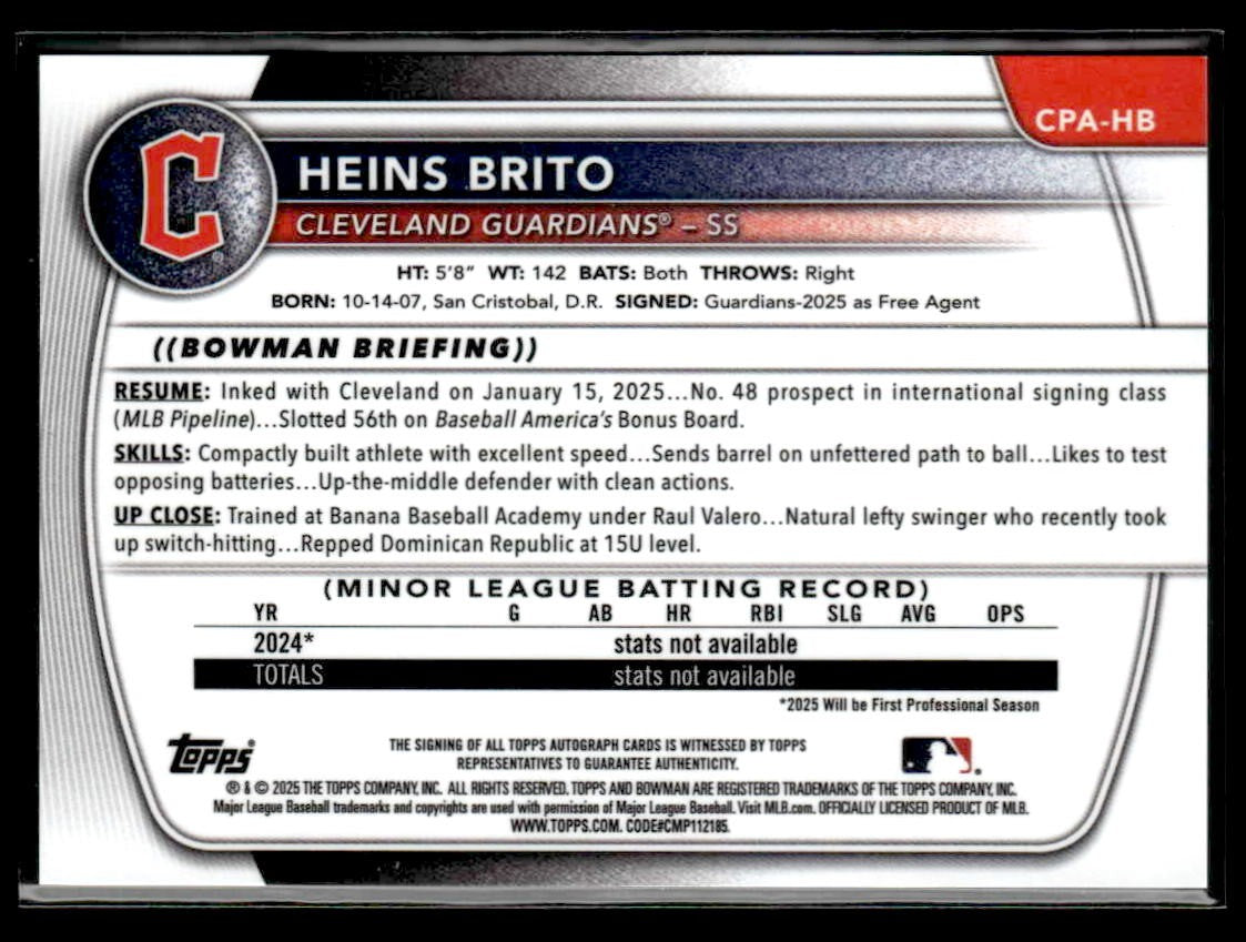 2025 Bowman Chrome #CPA-HB Heins Brito Prospect Autographs Purple Refr #177/250