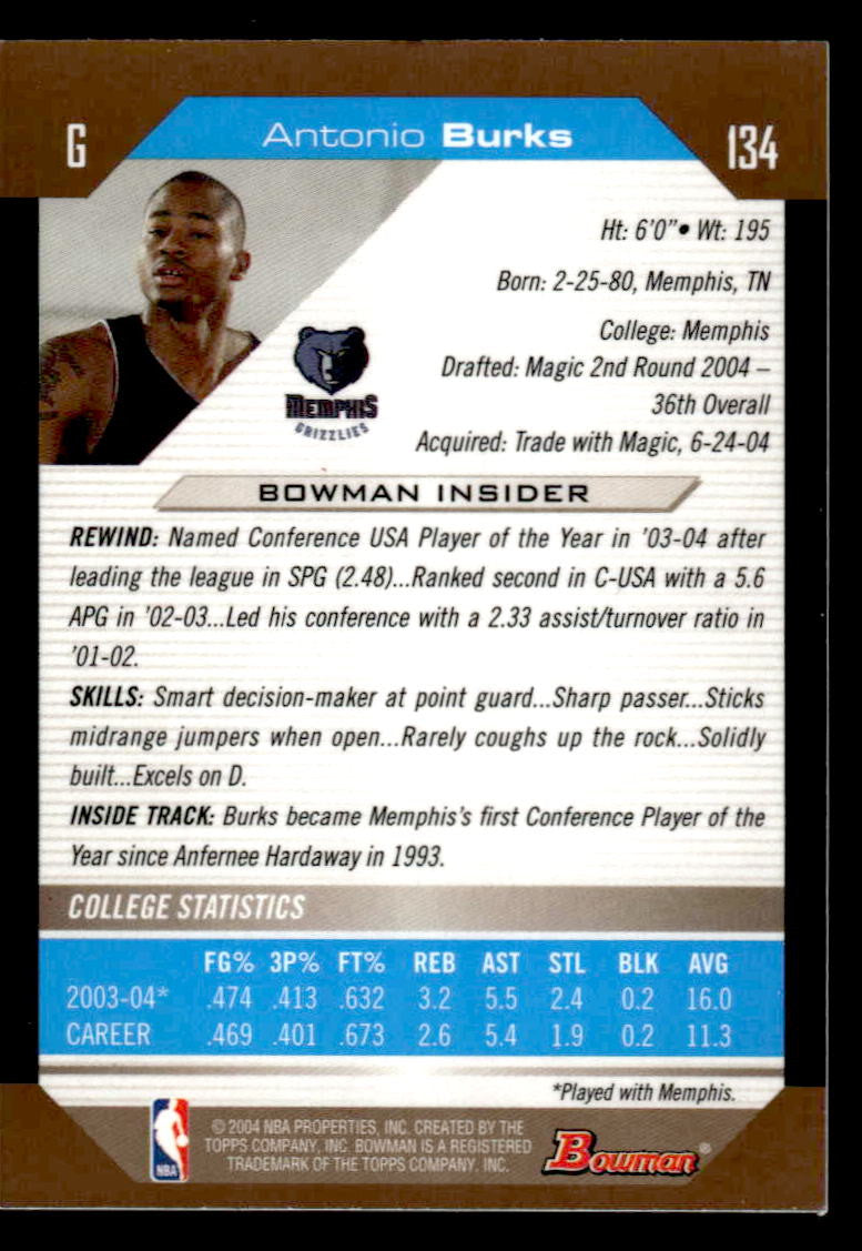 2004-05 Bowman #134 Antonio Burks Gold