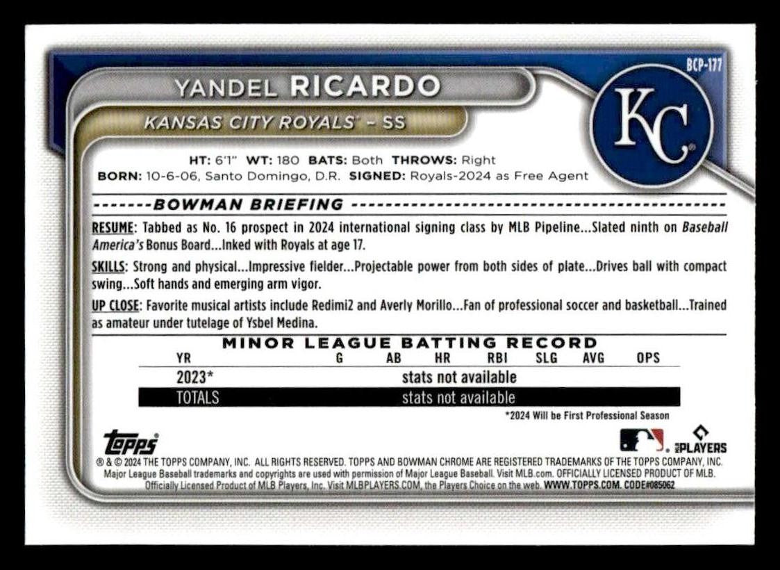 2024 Bowman Chrome #BCP-177 Yandel Ricardo Prospects