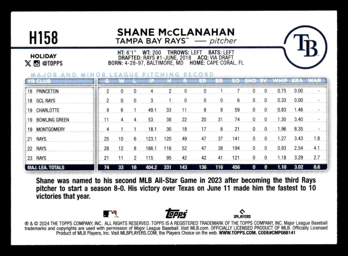 2024 Topps Holiday #H158 Shane McClanahan