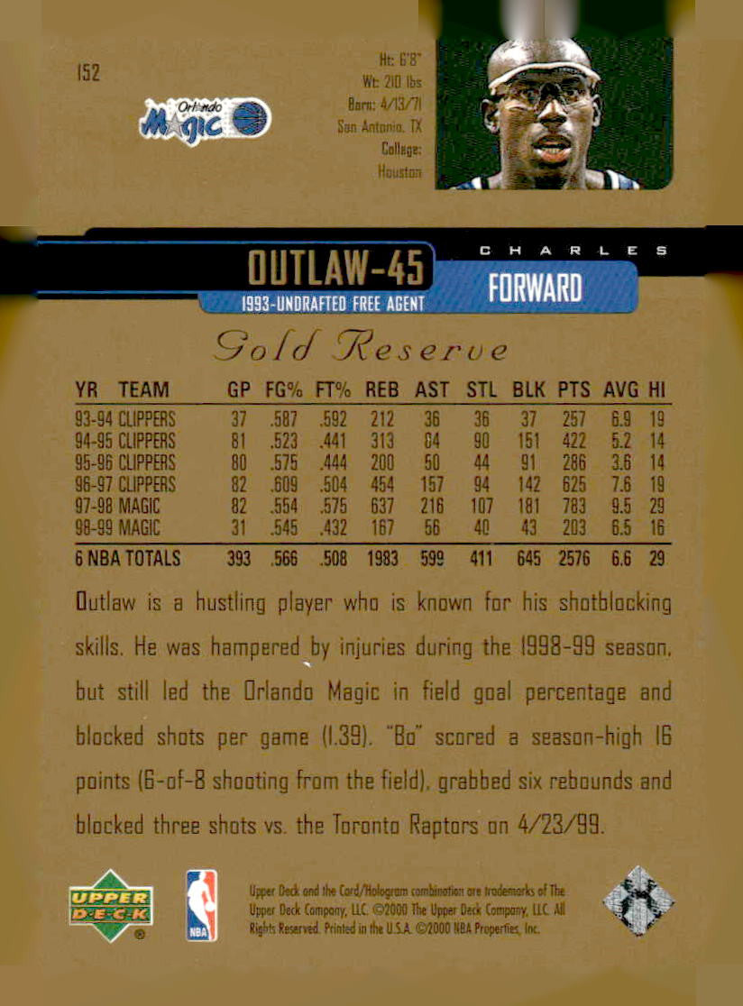 1999-00 Upper Deck Gold Reserve #152 Bo Outlaw