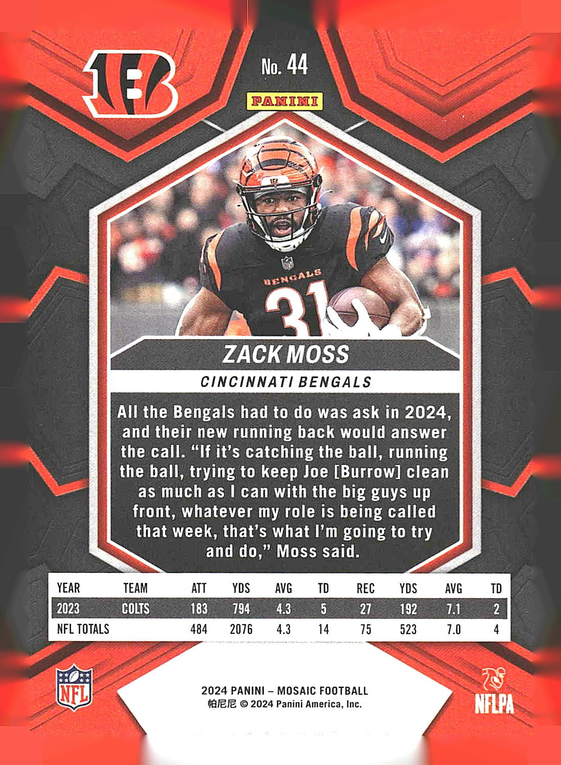 2024 Panini Mosaic #44 Zack Moss