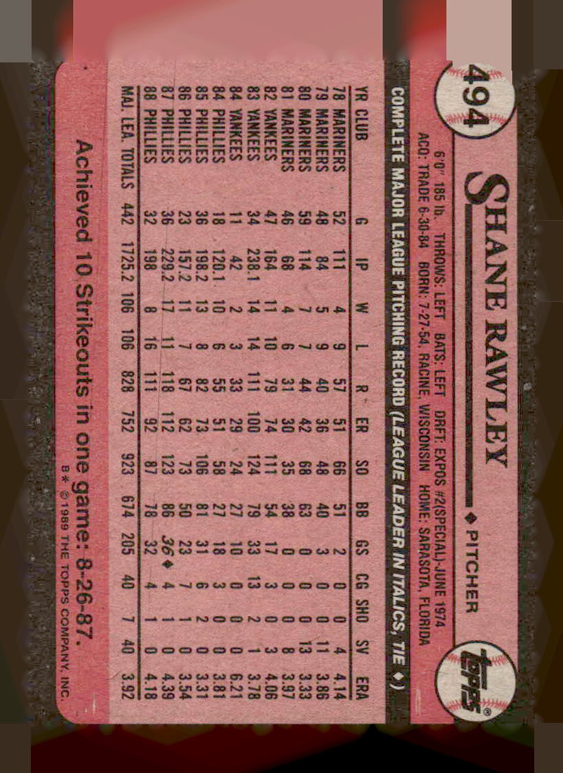 1989 Topps #494 Shane Rawley