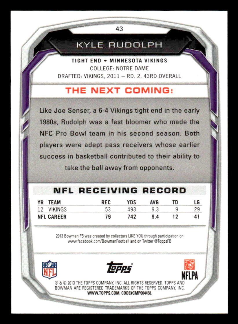 2013 Bowman #43 Kyle Rudolph