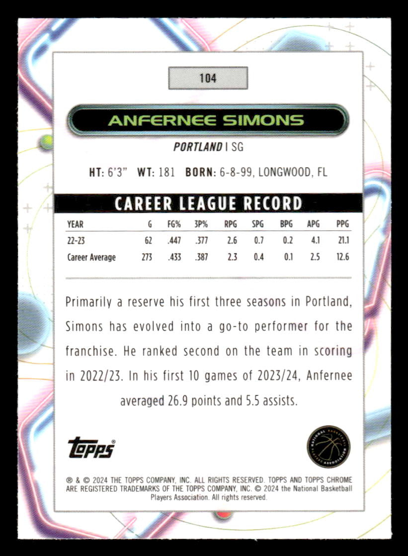 2023-24 Topps Chrome Cosmic #104 Anfernee Simons