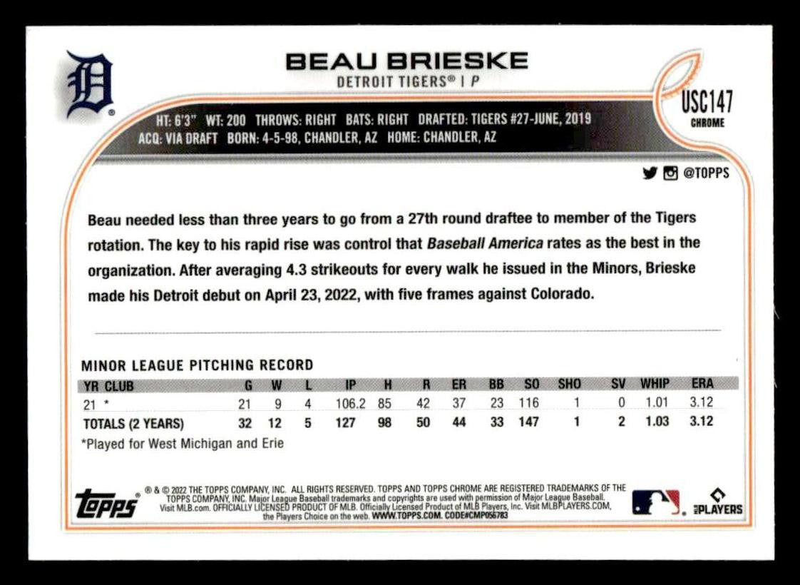 2022 Topps Chrome Update #USC147 Beau Brieske Purple Refractor