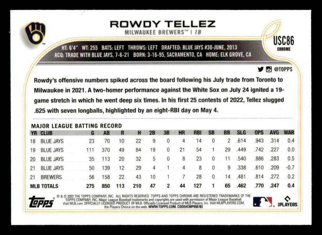 2022 Topps Chrome Update #USC86 Rowdy Tellez