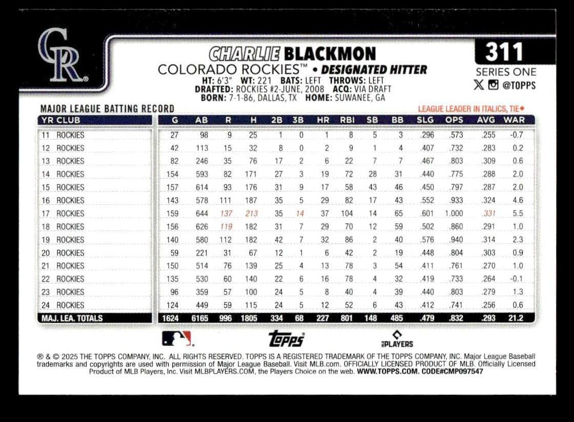 2025 Topps #311 Charlie Blackmon