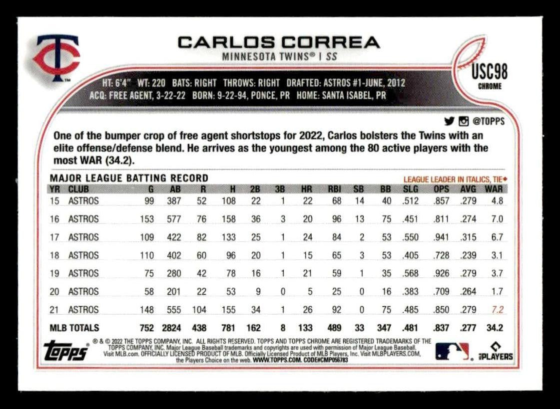 2022 Topps Chrome Update #USC98 Carlos Correa