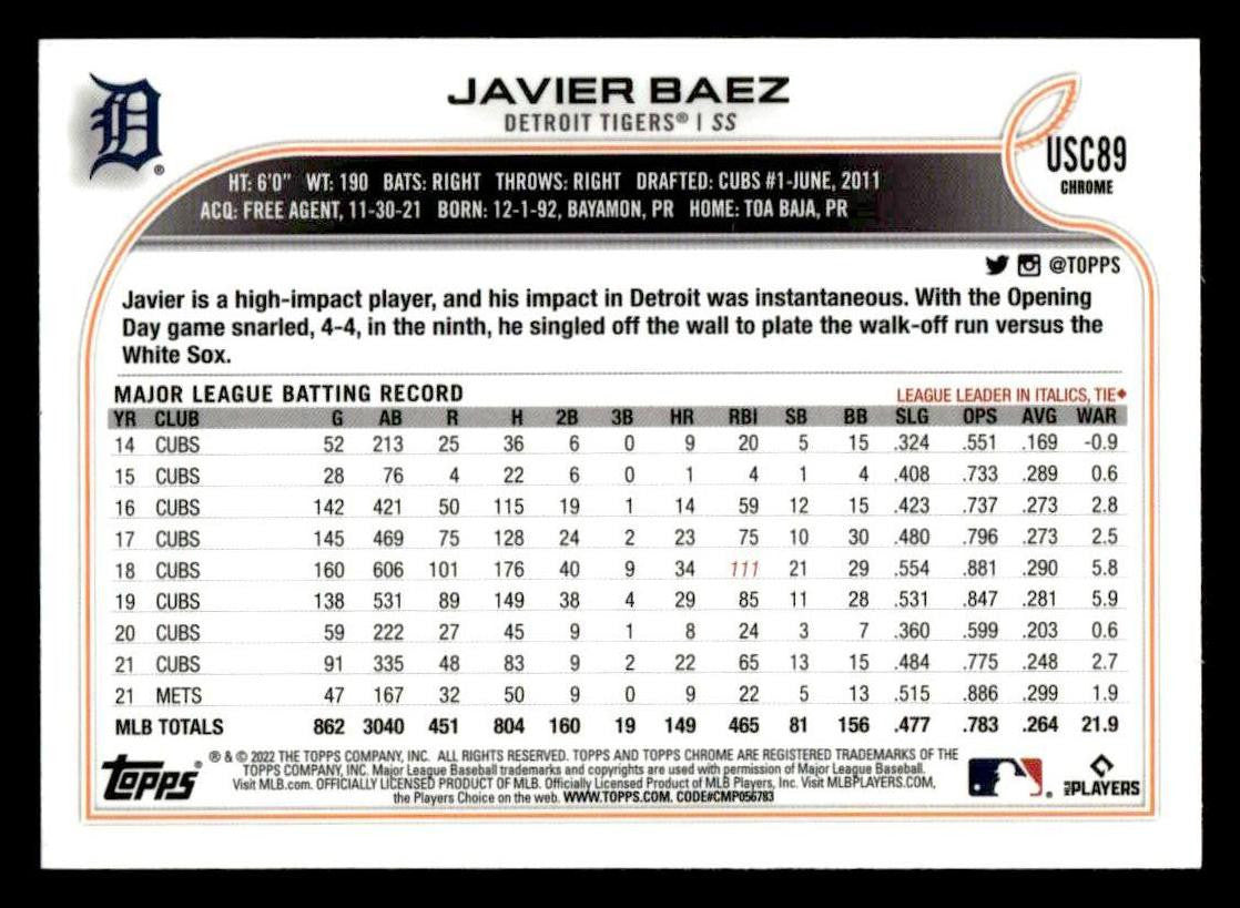 2022 Topps Chrome Update #USC89 Javier Baez Purple Refractor