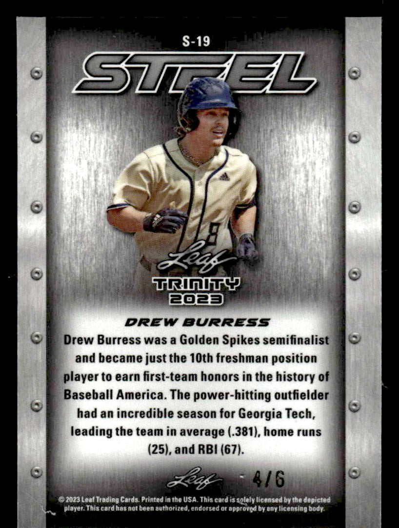2023 Leaf Trinity #S-19 Drew Burress Steel Carbon Shimmer Orange #/6
