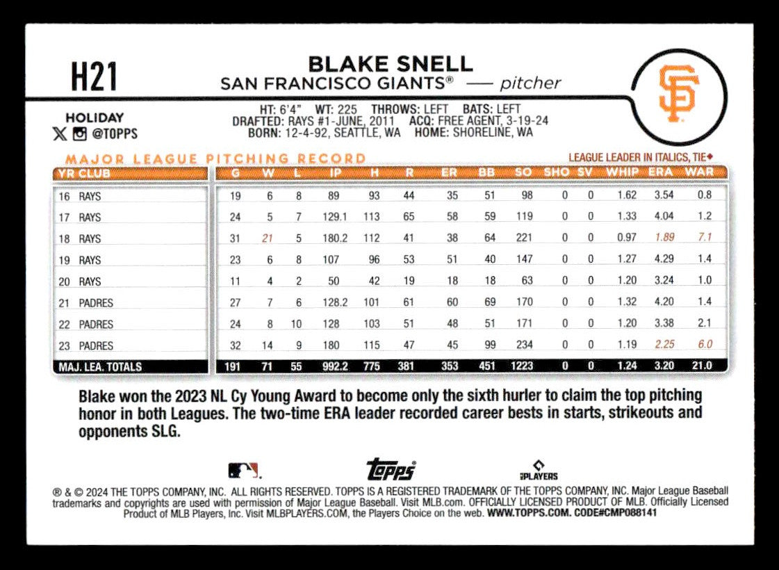 2024 Topps Holiday #H21 Blake Snell