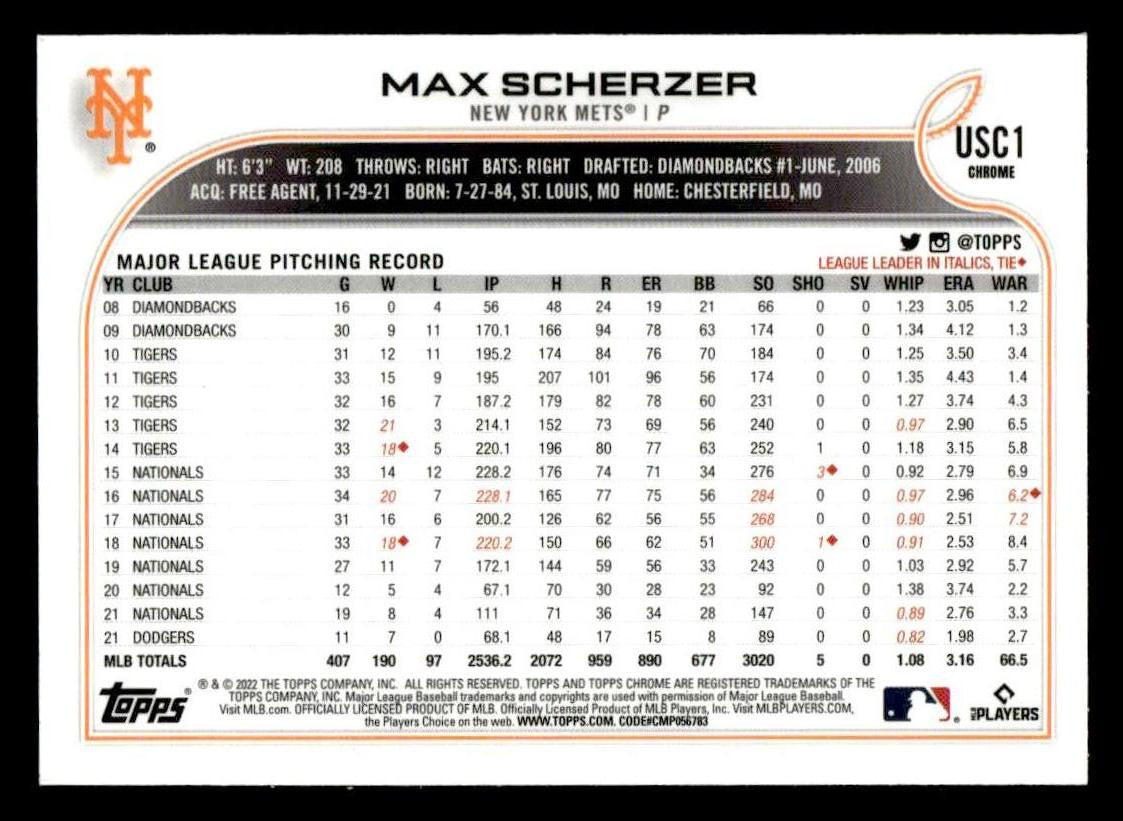 2022 Topps Chrome Update #USC1 Max Scherzer