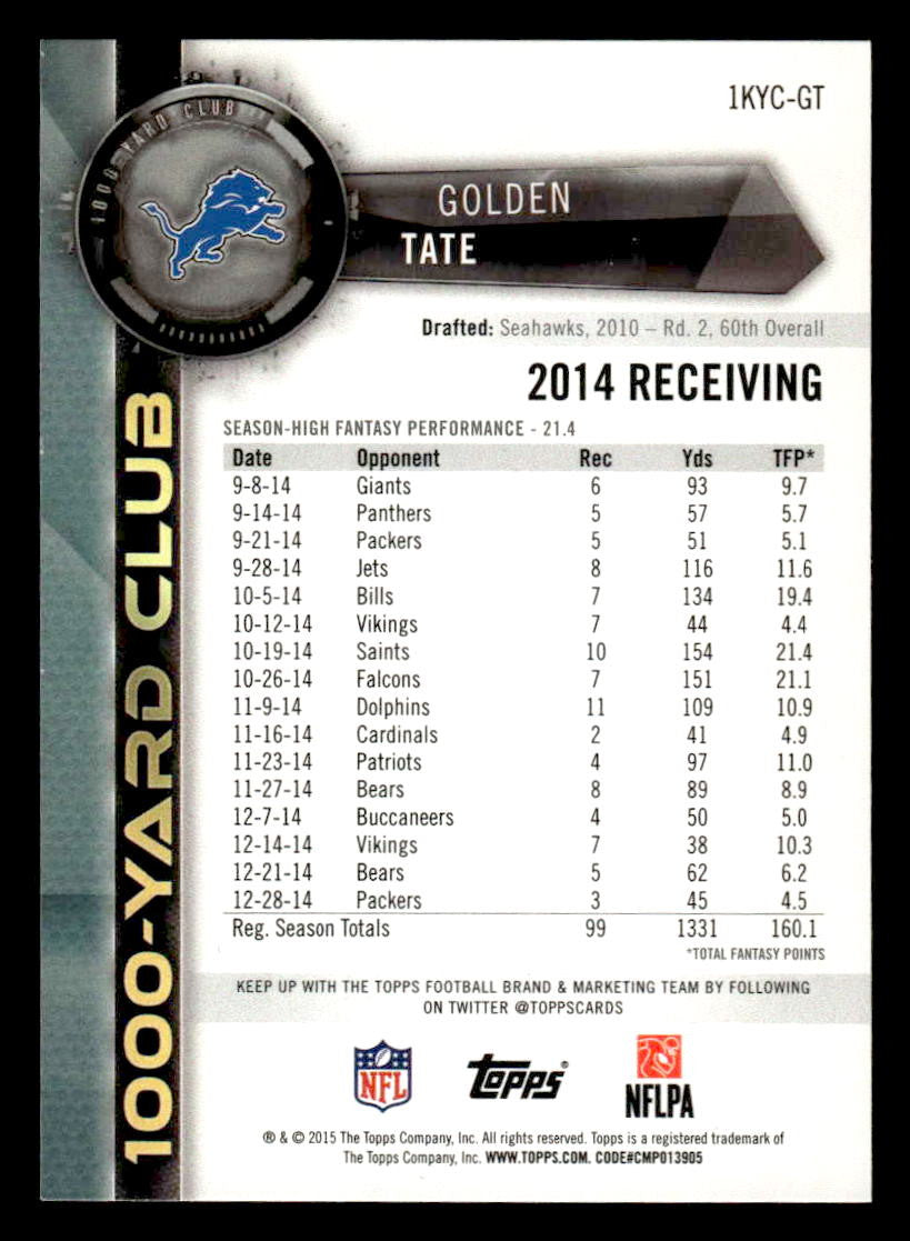 2015 Topps #1KYC-GT Golden Tate 1000 Yard Club