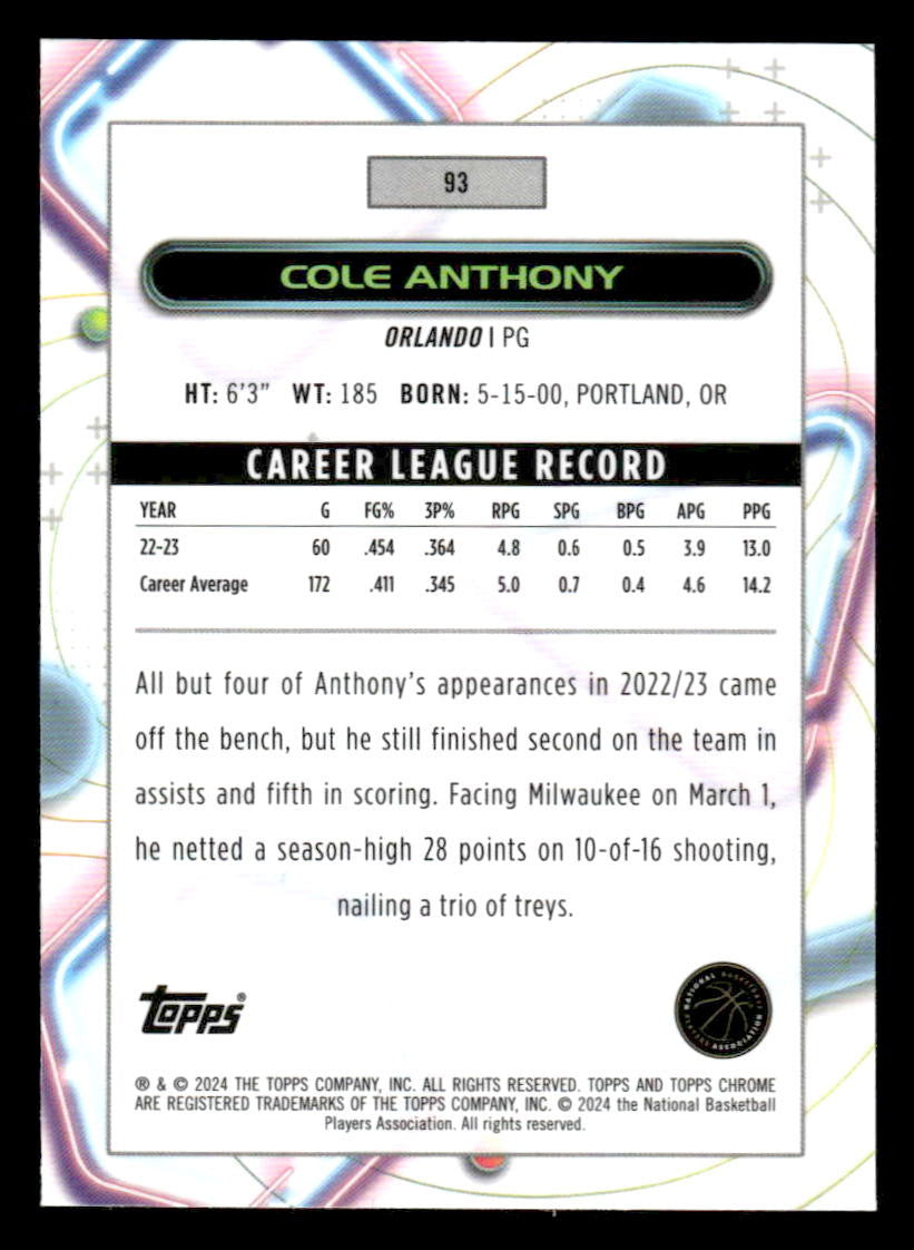 2023-24 Topps Chrome Cosmic #93 Cole Anthony