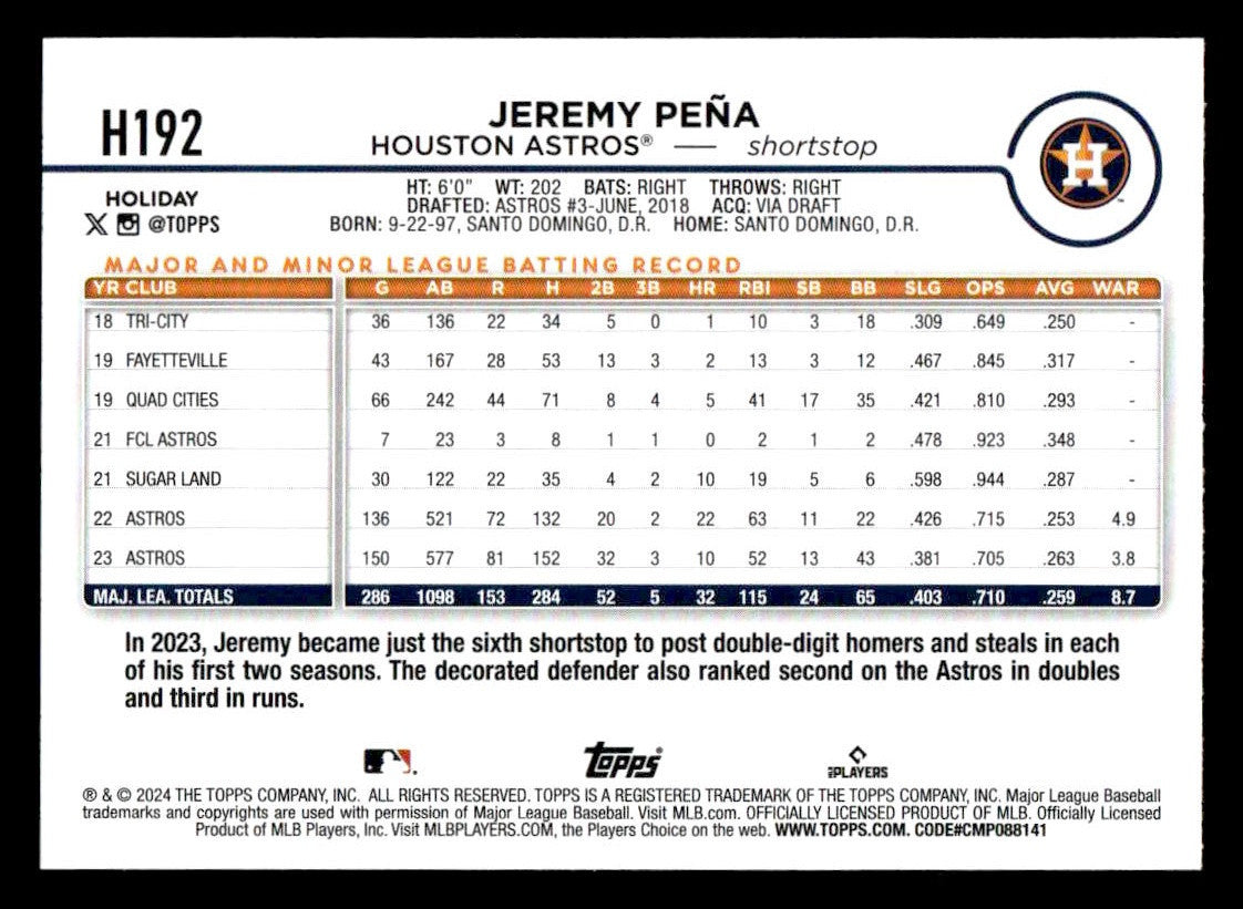 2024 Topps Holiday #H192 Jeremy Peña