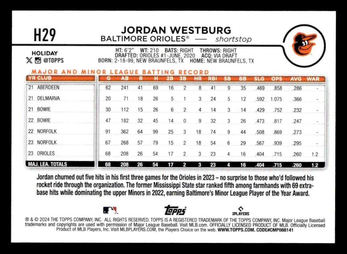 2024 Topps Holiday #H29 Jordan Westburg