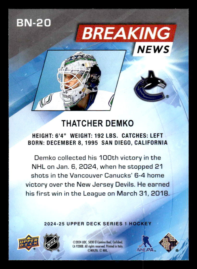 2024-25 Upper Deck #BN-20 Thatcher Demko Breaking News