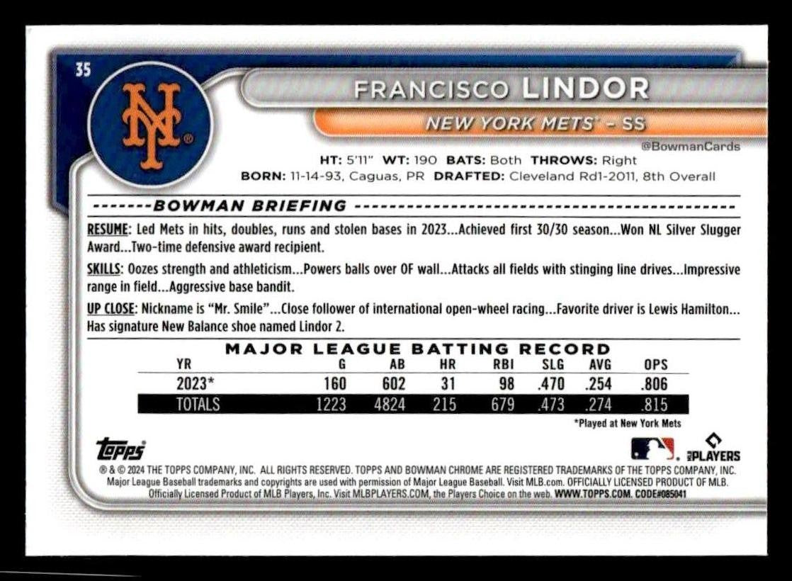 2024 Bowman Chrome #35 Francisco Lindor