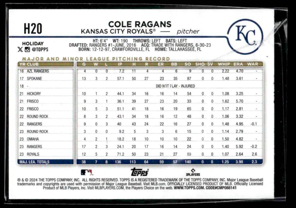 2024 Topps Holiday #H20 Cole Ragans Holiday Tree Blue Metallic