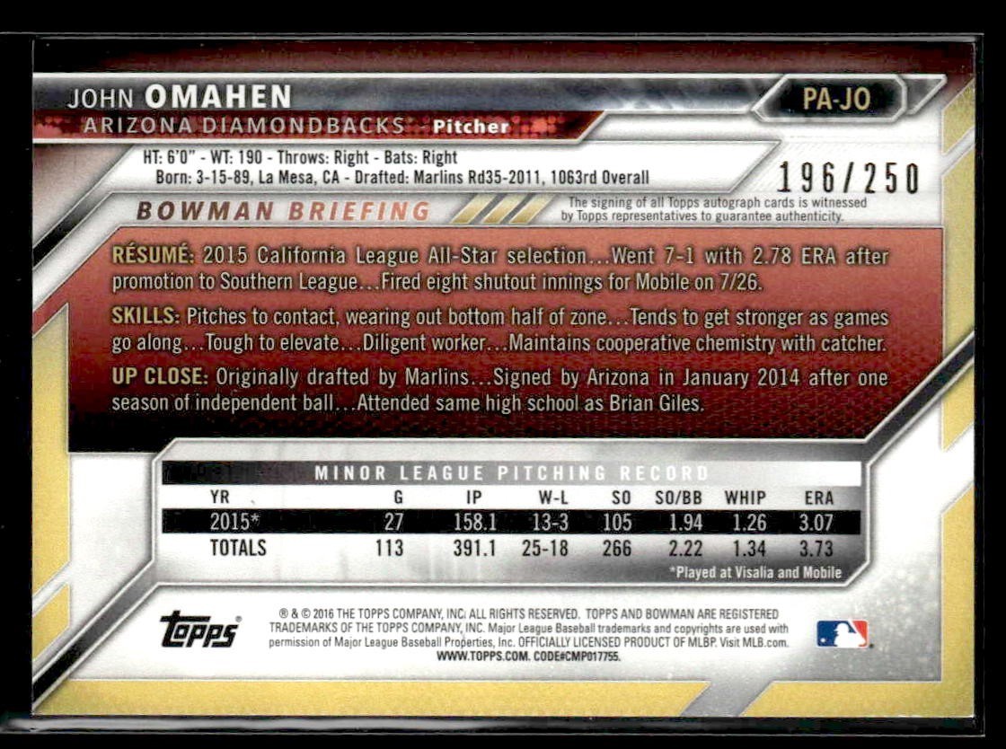 2016 Bowman #PA-JO John Omahen Paper Prospect Autographs Purple #/250