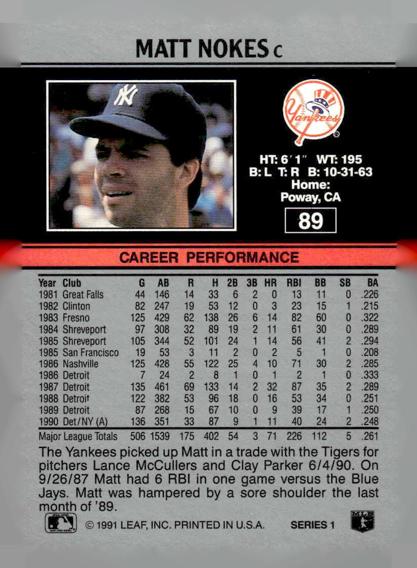 1991 Leaf #89 Matt Nokes
