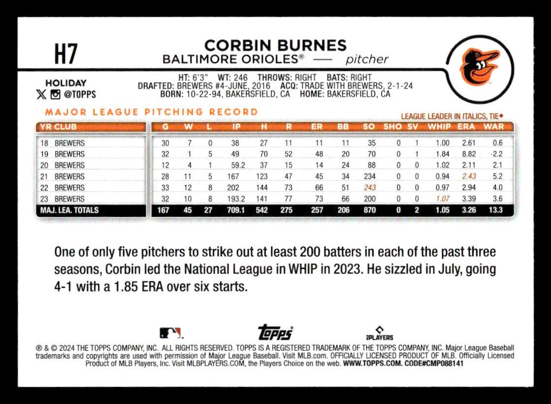 2024 Topps Holiday #H7 Corbin Burnes