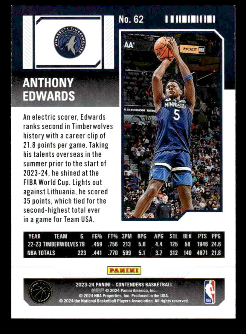 2023-24 Panini Contenders #62 Anthony Edwards Season Ticket Retail