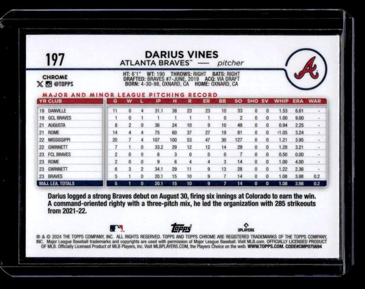 2024 Topps Chrome #197 Darius Vines Blue Refractors #/150