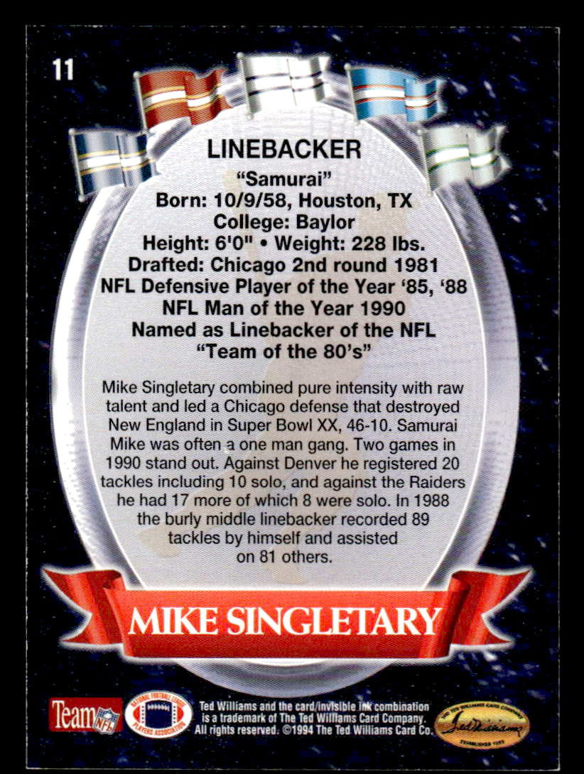 1994 Ted Williams Roger Staubach's NFL #11 Mike Singletary