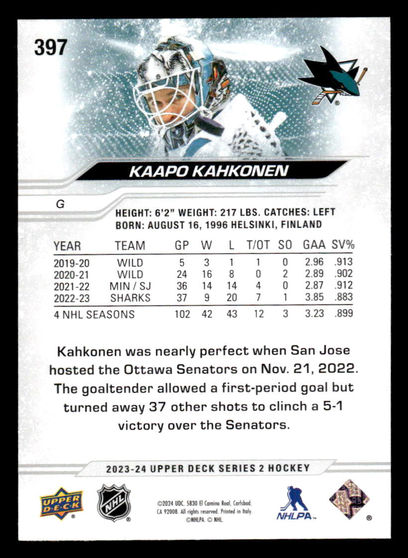 2023-24 Upper Deck #397 Kaapo Kahkonen