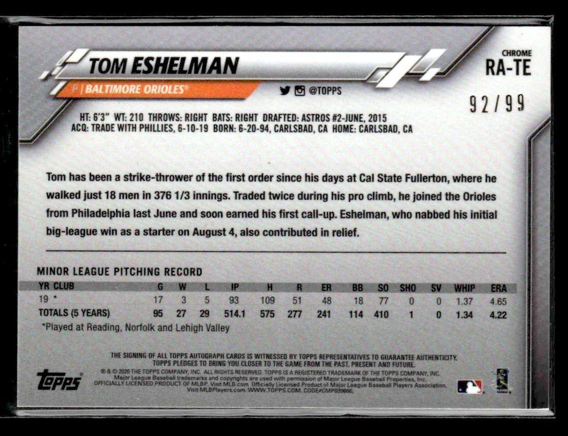 2020 Topps Chrome #RA-TE Tom Eshelman Rookie Autographs Green Refractor #/99