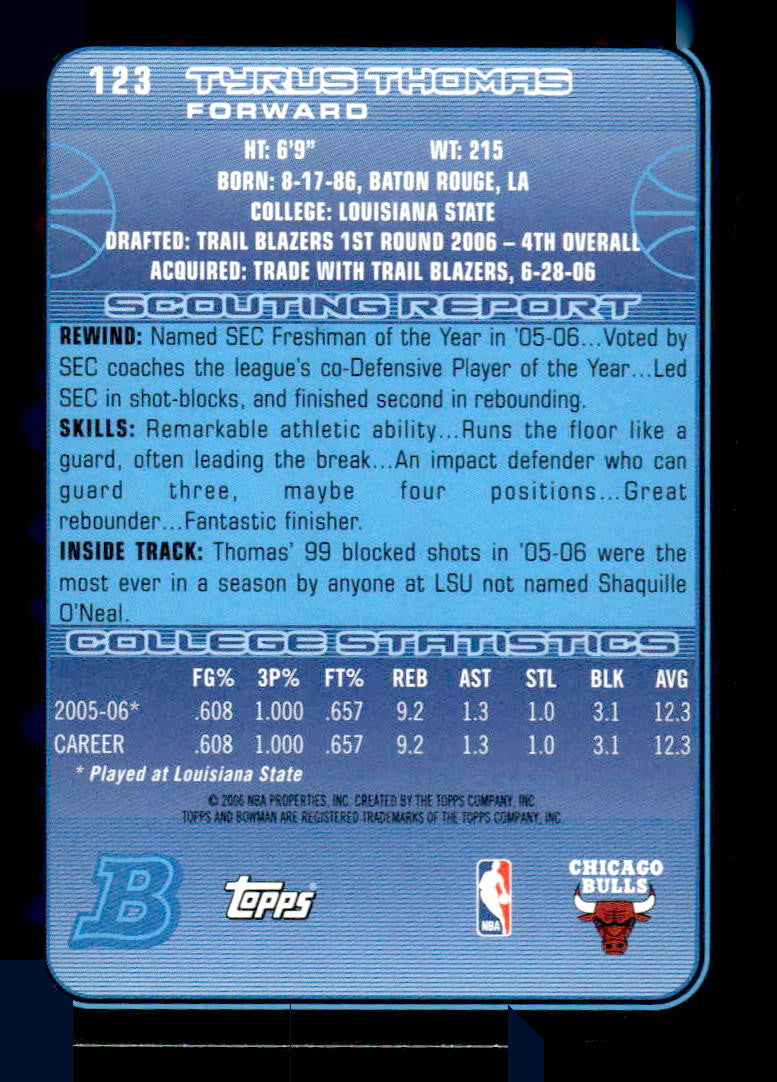 2006-07 Bowman #123 Tyrus Thomas