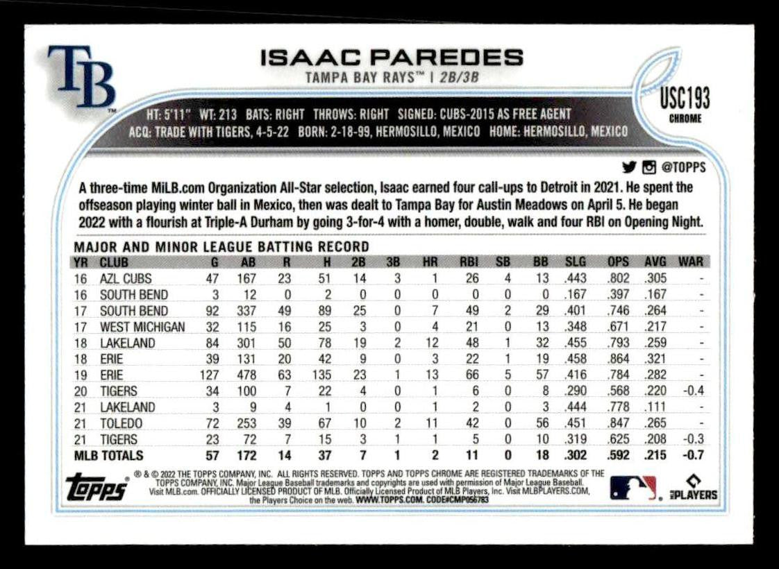 2022 Topps Chrome Update #USC193 Isaac Paredes