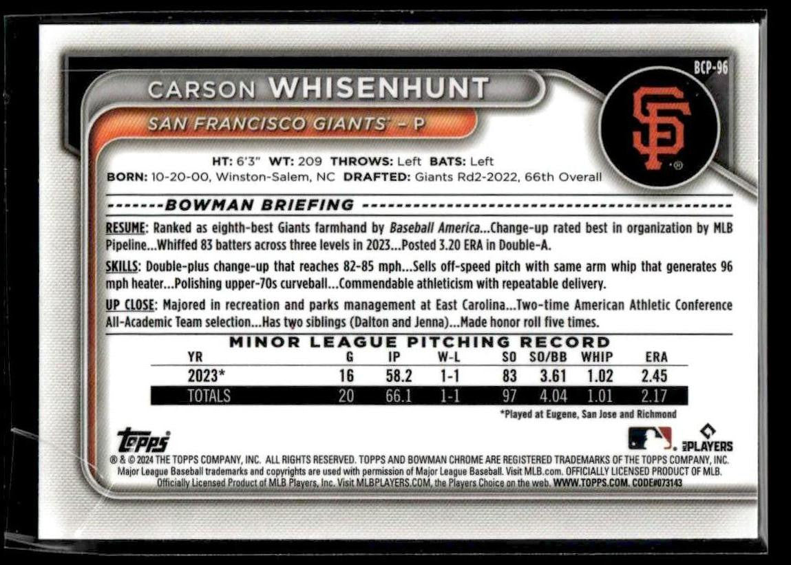 2024 Bowman #BCP-96 Carson Whisenhunt Chrome Prospects