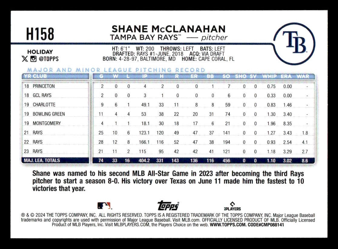 2024 Topps Holiday #H158 Shane McClanahan Holiday Tree